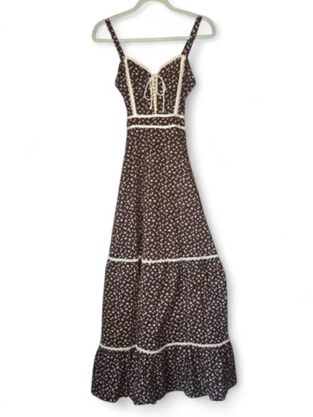 Gunne Sax Prairie Maxi Dress Brown Feather Lace Corset Tie Back Vintage